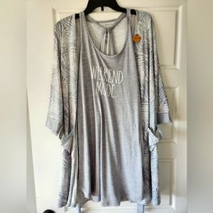 Rae Dunn Womens 2 Pc Nightgown Pajama Sleep Top & Robe Gray & White